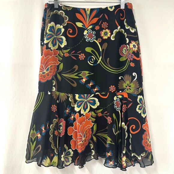 BENTLEY A. Y2K Black Multicolor Floral Midi Skirt Ruffles Womens 8 Fairy Whimsy - Picture 6 of 6